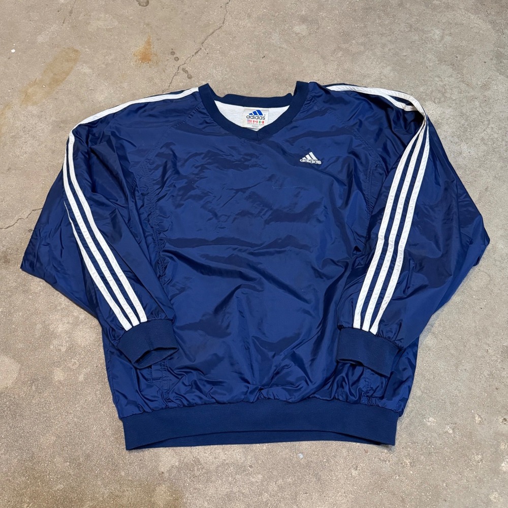 Vintage 90s Adidas Windbreaker Pullover Mens Medium Navy Blue V-Neck 3-Stripe